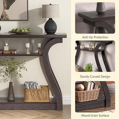 Wooden Console Table with Curved Legs and Shelf, 3-Tier Modern Accent Sofa Table for Entrance Area, Living Room, Hallway, 47 in Wide (Brown)