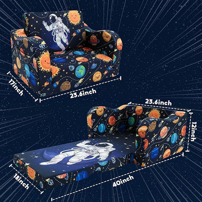 MeMoreCool Folding Kids Couch – 2-in-1 Toddler Sofa Bed & Lounge Chair | Astronaut Print | Fold-Out Design | Washable Cover | Ages 1–3