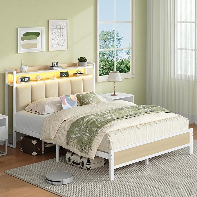 Twin Bed Frame with Storage Headboard, Metal Platform Bed Frames Twin with LED Lights and Charging Station, Heavy Duty Metal Slats, No Box Spring Needed, Easy Assembly, Beige
