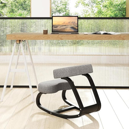 Goplus Ergonomic Kneeling Chair, Rocking Upright Posture Chair with Soft Seat & Knee Pads, Wooden Backless Knee Chair Relieves Neck Back Pain for Home Office Study, Gray and Black