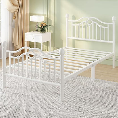 Twin Metal Platform Bed Frame, Bed Frame with Victorian Headboard and Footboard, Strong Metal Slats Support, Mattress Foundation No Box Spring Needed, Easy Assembly, Noise Free, White