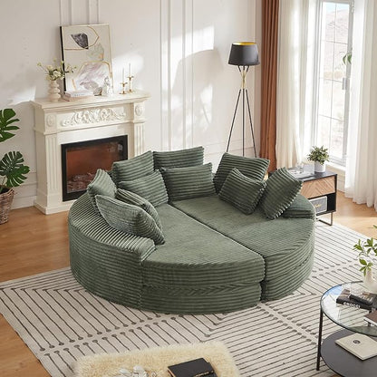 78-inch Oversized Round Chaise Lounge Chair Indoor, Convertible Folding Sofa Bed w/ 10 Pillows, Fluffy Corduroy Boneless Compressed Memory Foam Couch for Living Room, Bedroom (Green, Left & Right)