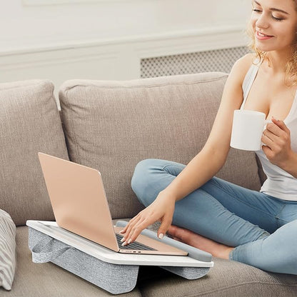 Besign LT08 Laptop Stand, Portable Lap Desk with Pillow Cushion, Fits up to 14 inch Laptop, with Anti-Slip Strip for Desk, Sofa & Bed, White and Gray