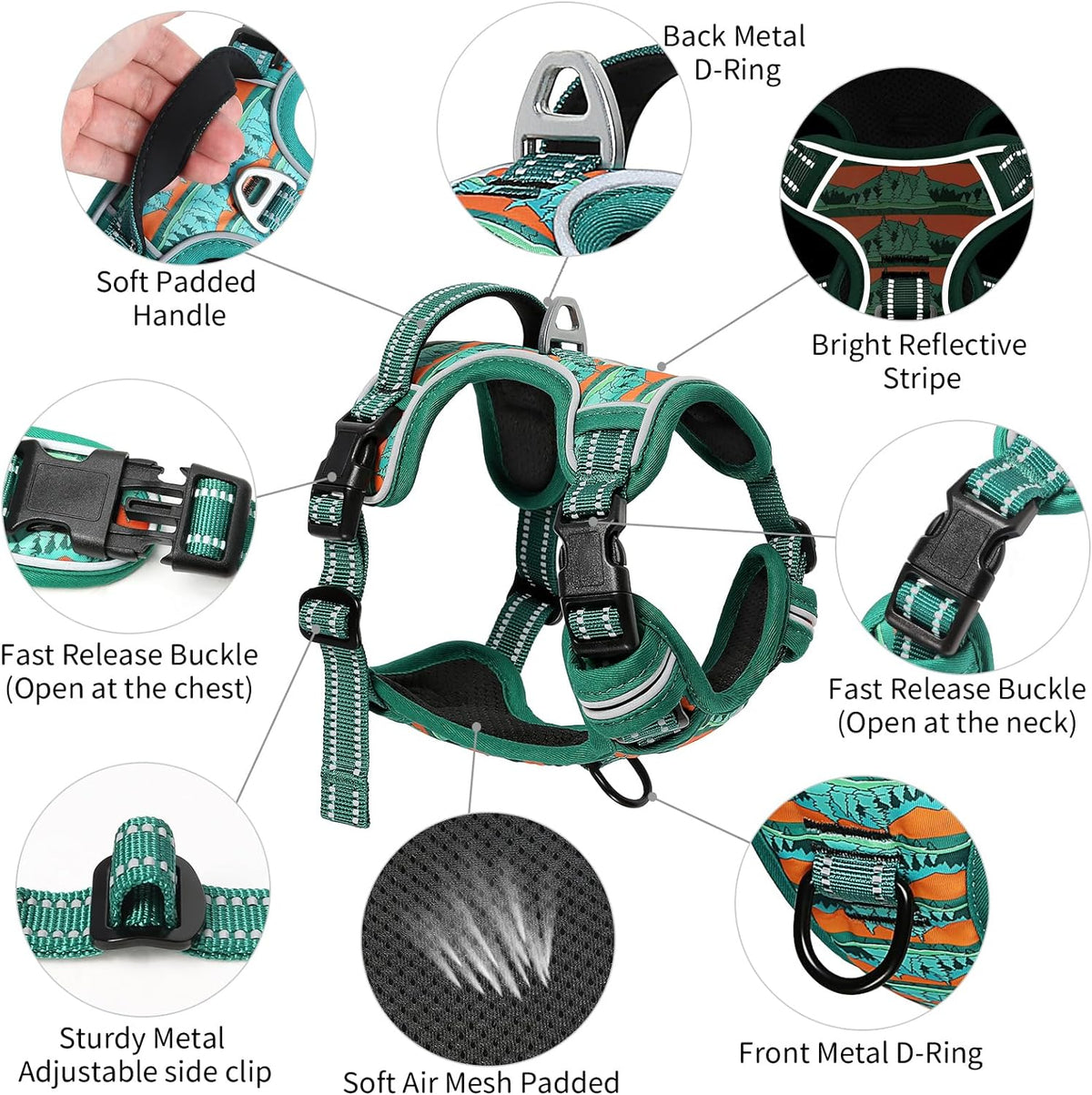 Timos No Pull Dog Harness,No Choke Front Clip Dog Reflective Harness,Adjustable Soft Padded Pet Vest with Easy Control Handle for Large Dogs,Wilderness,L