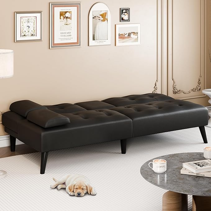 Meilocar Futon Sofa Bed Couch, Small Futon Set, Convertible Sofa Bed for Living Room Office, 2 Cup Holders, Removable Armrest, 3 Angles Backrest (PU Leather, Black)