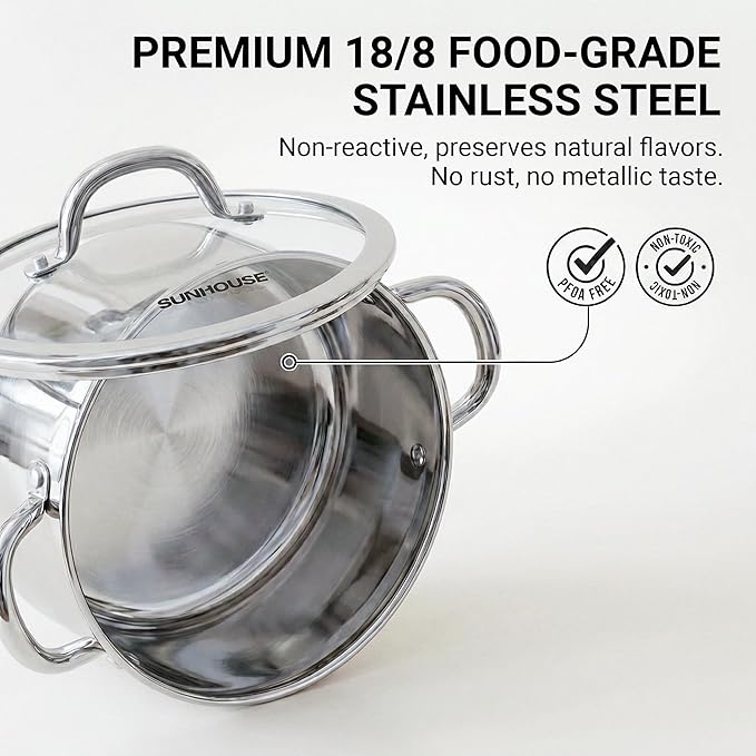 Sunhouse Professional 12-Quart Whole-Clad Multi-Ply Stainless Steel Stock Pot