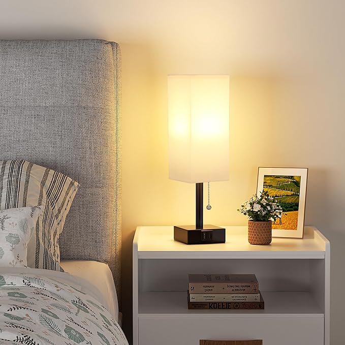 White Small Table Lamp for Bedroom - 3 Color Temperature 3000K 5000K 4000K Bedside Lamp, Pull Chain Control, USB A and C Charging Ports, Black Base, for Kids Office Dorm Nightstand, Bulb Included