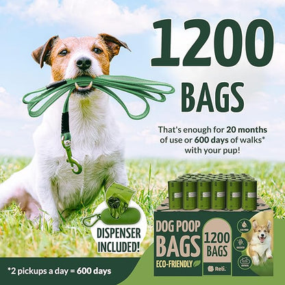 Reli. Biodegradable Dog Poop Bags w/Holder (1200 Count - 80 Rolls Bulk) | Leash Clip Dispenser | 9x13" Large Dog Bags for Poop | Green Eco-Friendly Oxobiodegradable Waste Disposal Refills (Unscented)