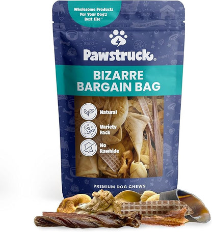 Pawstruck Bizarre Bargain Bag Assorted Natural Dog Chew Treats - Animal Ears, Jerky, Bones, Hooves, Beef Straps - Long Lasting Rawhide Alternative for Chewers, All Breeds - 1 lb, Packaging May Vary