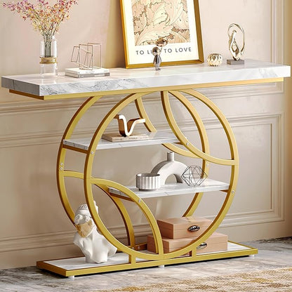 Huuger 47.2 Inch Entryway Table with Marble Top, Modern Console Sofa Table, Accent Table with Shelves, for Entry, Hallway, Entrance, Foyer, O-Shaped Metal Frame, White Marble & Gold