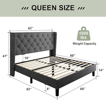 Feonase Queen Size Bed Frame with Diamond Tufted Wingback Headboard, Morden Upholstered Platform Bed, Sturdy Wooden Slats Support, Noise-Free, No Box Spring Needed, Easy Assembly, Dark Gray