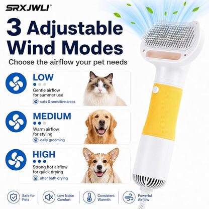 3 in 1 Pet Hair Dryers And Comb Brush High Velocity Blower for Dog Grooming | Portable Quiet Handheld Slicker with Steam Deshedding Intelligent Airflow System for Cats, Puppies and Professional(Pink)