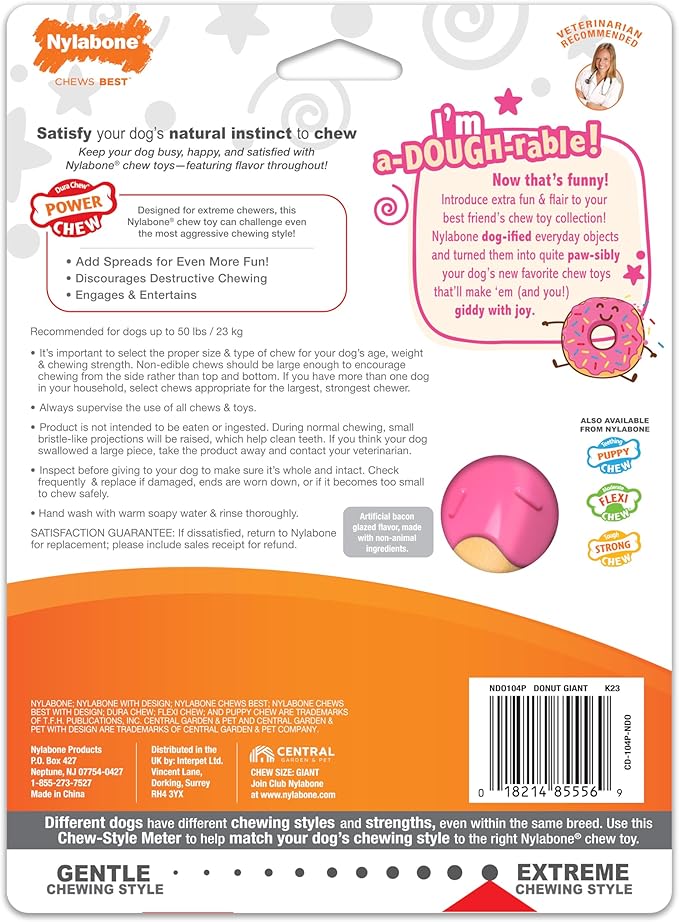 Nylabone Donut Power Chew Toy for Dogs, Dog Toys for Aggressive Chewers, Bacon Glazed Flavor, Large Dogs - Up to 50 lbs, 1 Count