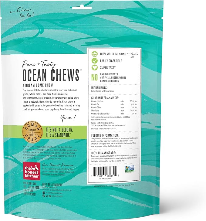 The Honest Kitchen Ocean Chews Hearty Wolffish Skins Dog Treats, 6 oz (Beams)
