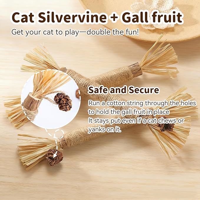 Cat Toys for Indoor Cats, 3 Pcs Silvervine Sticks with Gall Fruit & 1 Pc Cat Chew Rope for Teeth Cleaning, Interactive Cat Toys with Catnip, Kitten Chew Toys Teething for All Breeds Red