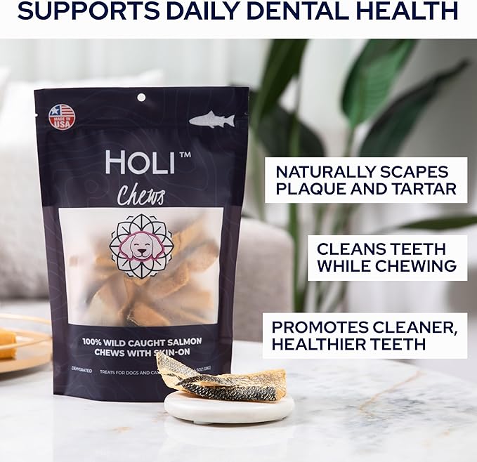 HOLI Wild Caught Salmon Skin Dog Dental Chews, Natural Single Ingredient Oral Hygiene Dog Treats, Reduces Plaque, Tartar Control, Omega 3 & 6 for Healthy Coat