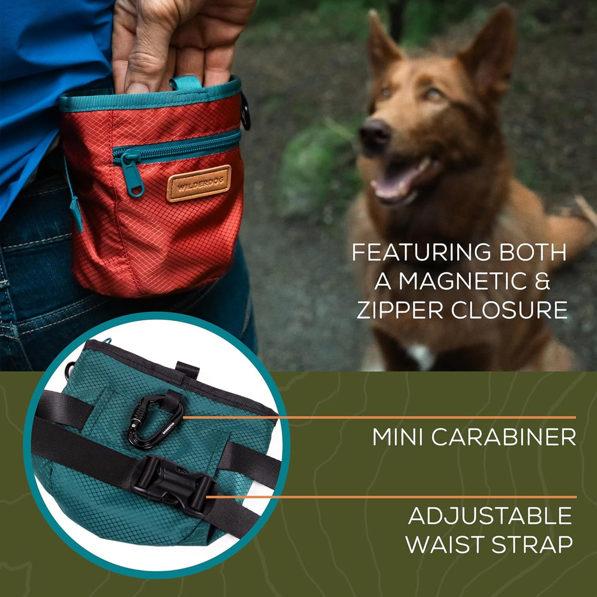 Wilderdog Dog Training Treat Pouch with Magnetic and Zipper Closure, Carabiner Attached, Adjustable Waist Strap - Cinnabar