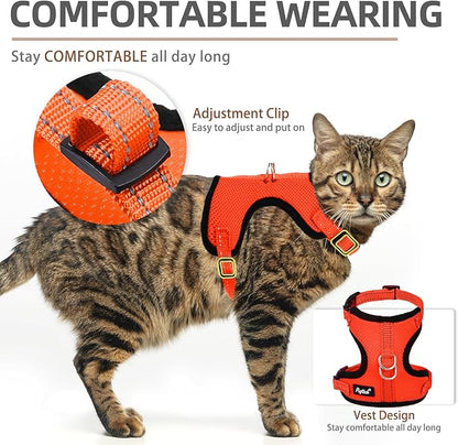 PUPTECK Cat Harness and Leash Set Escape Proof, Reflective Adjustable Soft Mesh Kitten Vest Harness for Walking Travel, Orange, S