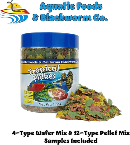 Aquatic Foods Inc. Premium Tropical Fish Flakes, for Angel Fish, Guppies, Live Bearers, Loaches, Gouramis, Cichlids, All Tropical Fish. 12-Type pellets and 4-Type Wafers Included..1.30oz Canister