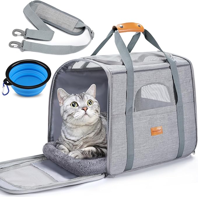 Morpilot Pet Travel Carrier Bag, Soft-Sided Dog Carrier Cat Carrier Pet Carrier, for Large Cats and Medium Puppies up to 25lbs, w/Locking Safety Zippers, Foldable Bowl (Light Gray)