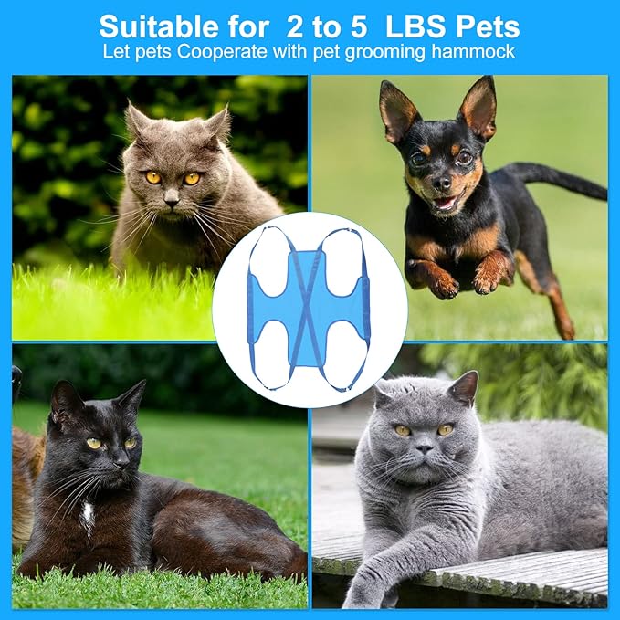 Cat Grooming Hammock, Pet Grooming Harness for Dogs&Cats, Multi Hammock Restraint Bag with Adjustable Grooming Loop/Stainless D-Hooks/Nail Clippers/Trimmer/Nail File for Pet Nail Trimming, Care (XS)