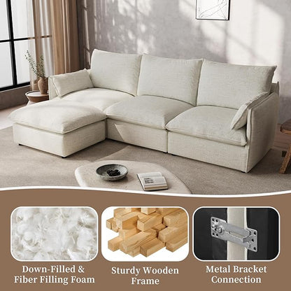 Gtilzria Waterproof Cloud Sectional Couches,High Backrest Down Filled Sofa for Living Room,Modular Sofas 2 Seater with Ottoman,Detachable Couch Covers,Cream White
