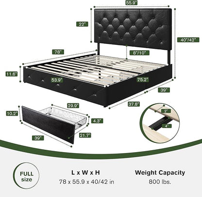 MUTICOR Full Size Bed Frame with 4 Storage Drawers, Upholstered Platform Bed with Button Tufted Adjustable Headboard, No Box Spring Needed, Easy Assembly, Diamond Tufted, Black Leather