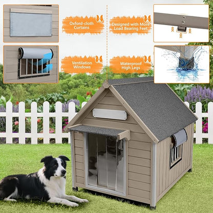 Large Dog House Indoor Outdoor with Window, Doghouse Kennel Shelter with Anti-Chewing Iron Frame for Medium to Small Dogs, Easy Assemble(37.4" W*30.5" L*39.3" H)