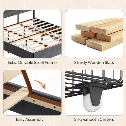 WLIVE King Size Upholstered Bed Frame with 4 Drawers and Velvet Square Tufted Headboard, Sturdy Metal & Wooden Slats Support, No Box Spring Needed, Easy Assembly, Dark Grey