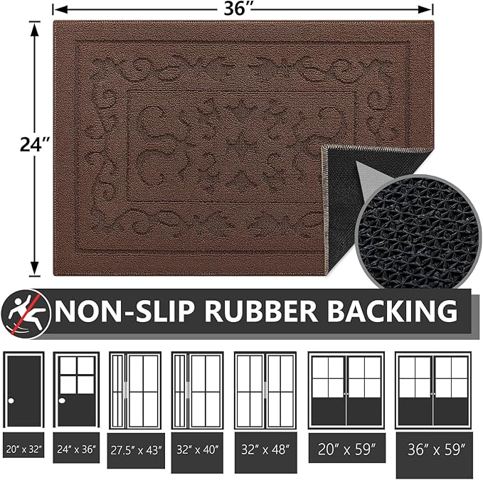 FONEYI Indoor Door Mat 24" x 36", Dirt Trapper Door Mats Non-Slip Entryway Rugs Washable, Absorbent Resist Dirt Welcome Mat, Low Profile Inside Floor Mats for Front Back Door and Entryway, Coffee