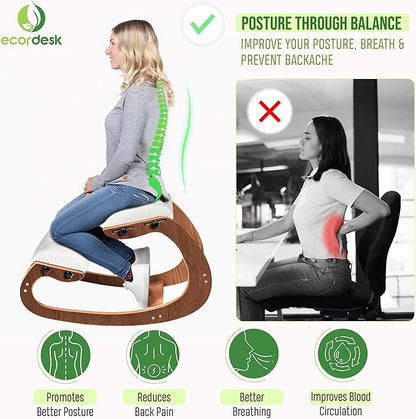 Ecordesk Ergonomic Kneeling Chair, Adjustable Seat - Office Chair for Desk, Posture Corrector, Premium Comfort Cushion, Wooden Rocking Knee Chair (Pecan)