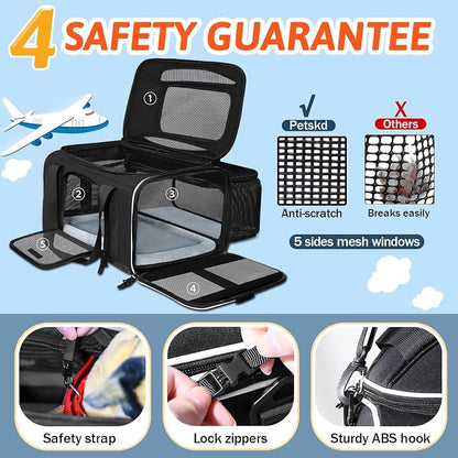 Petskd Top and Side Expandable Pet Carrier 18x11x11 Inches Delta United Airline Approved, Soft-Sided Carrier for Small Cats and Dogs with Locking Safety Zippers and Anti-Scratch Mesh(Black)