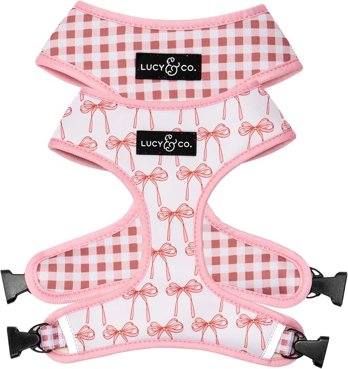 Lucy & Co. Reversible Dog Harness - Water-Repellent Neoprene, Dual-Print Design, Easy Swap Style, Adjustable Comfort Fit - Take a Bow Reversible Harness - X-Large