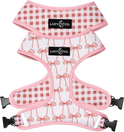 Lucy & Co. Reversible Dog Harness - Water-Repellent Neoprene, Dual-Print Design, Easy Swap Style, Adjustable Comfort Fit - Take a Bow Reversible Harness - Small