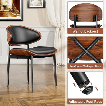 YaFiti Dining Chairs Set of 8, Dining Room and Kitchen Chairs, Mid Century Modern Retro Chair, Upholstered PU Leather Chairs for Vanity with Walnut Bentwood and Metal Legs (Black)