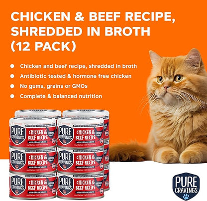 Pure Cravings Chicken and Beef Recipe in Broth, Shredded Wet Cat Food, Grain-Free Protein, Non-GMO, 12 Pack
