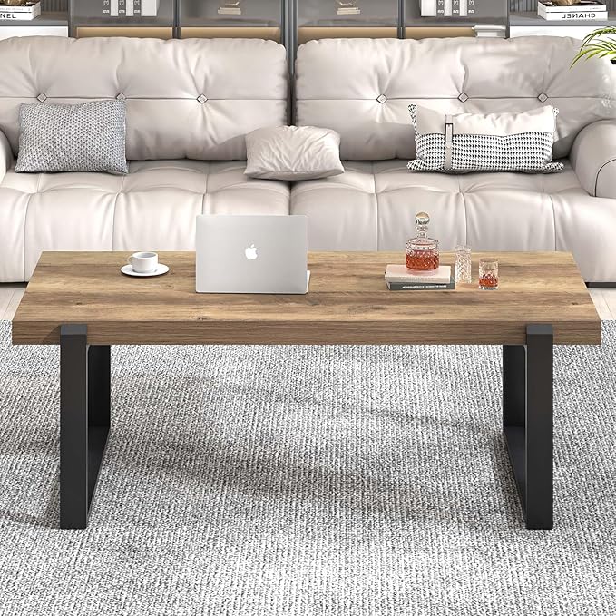 FOLUBAN Rustic Coffee Table, Modern Wood and Metal Industrial Center Table for Living Room, 47 Inch Oak