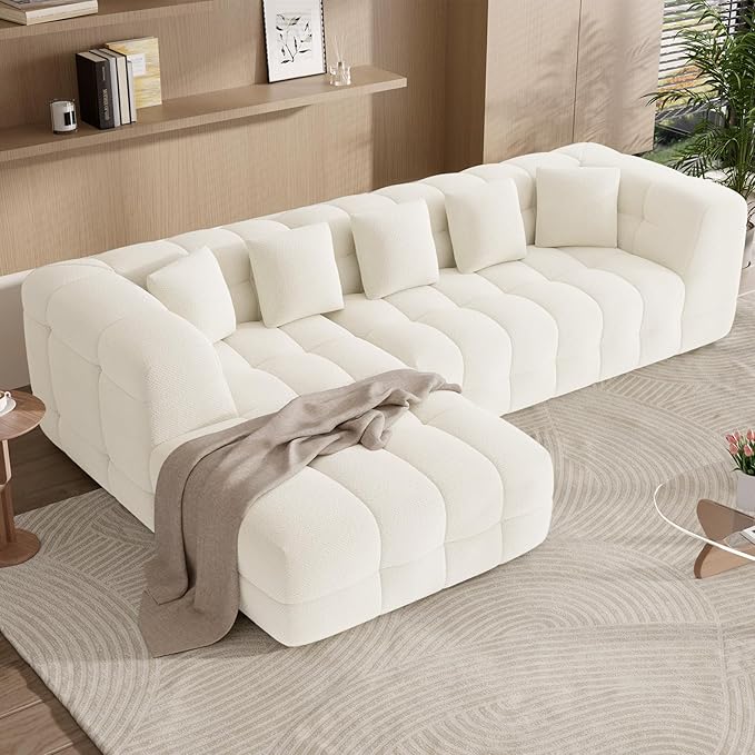 107" Boneless Couch with L - Shaped Chaise, Modern Chenille Modular Sectional Sofa with Tufted Design, Comfy Upholstered Sofa, No - Assembly Sectional Couch, Cream White