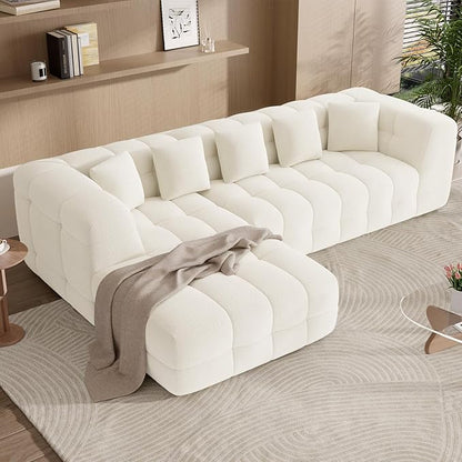 107" Boneless Couch with L - Shaped Chaise, Modern Chenille Modular Sectional Sofa with Tufted Design, Comfy Upholstered Sofa, No - Assembly Sectional Couch, Cream White