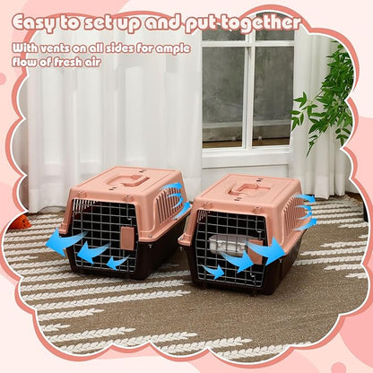 2 Set Pet Carrier for Small Dogs and Cat, Hard Shell Plastic Dog Crate with Bowl and Cooling Pad Fully Breathable Portable Kennel for Small Pet Travel Camp (Brown,18.9 x 12.6 x 11.8 Inch)