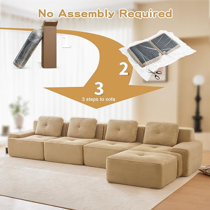 150.4'' Sectional Sofa, 32D Foam Corduroy Boneless Couch with Pillow, Deep Seat Wide Arm Sectional L Shaped Couch for Living Room, Apartment, Bedroom