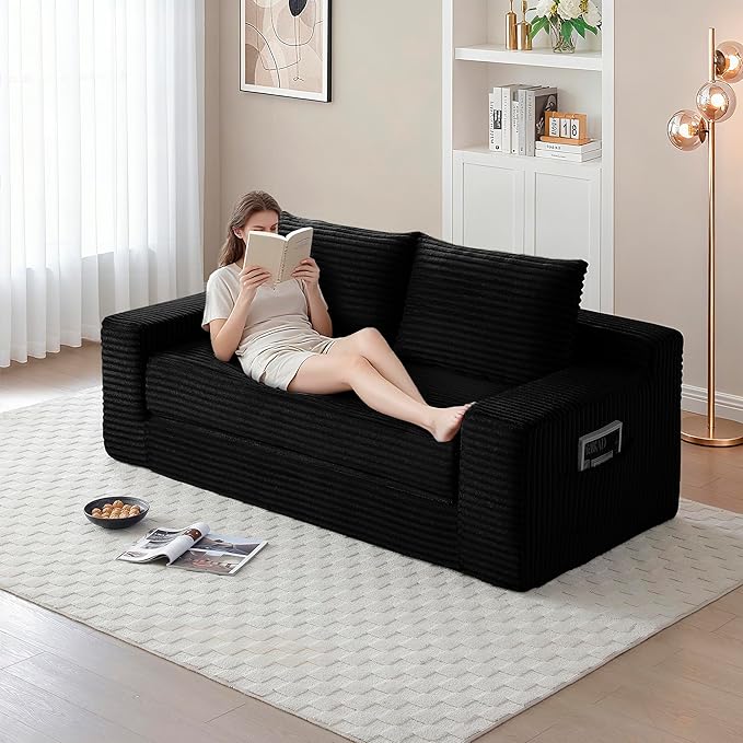 73" Cloud Loveseat Sofa Couch in a Box, 2 Seater Boneless Couch, Convertible Pull Out Sofa Bed with Pillows, No Assembly, Memory Foam, Modern Small Couches for Small Spaces (A-Black)