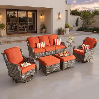 ovios 6 Pieces Patio Furniture Set, Outdoor Wicker Sofa Couch with Swivel Chairs Ottomans Comfy Cushions, High Back Modern All Weather Conversation Sets, Brown Rattan, Orange Red