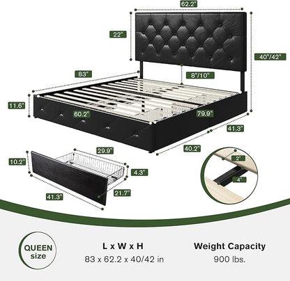 MUTICOR Queen Size Bed Frame with 4 Storage Drawers, Upholstered Platform Bed with Button Tufted Adjustable Headboard, No Box Spring Needed, Easy Assembly, Diamond Tufted, Black Leather