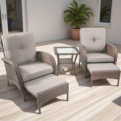 Rilyson Wicker Patio Furniture Set - 5 Piece Balcony Furniture Set with Hidden Ottomans, Rattan Outdoor Patio Chairs with Side Table for Porch Deck Poolside Garden Brown/Beige