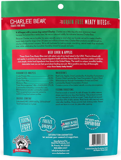 Charlee Bear Grain Free Meaty Bites Freeze Dried Dog Treats with Probiotics, Puppy Training Snacks, Soft Dog Bites Beef Liver with Apple, 2.25 oz Bags (2), Made USA