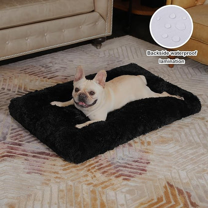 Bedfolks Waterproof Crate Pad, Plush Faux Fur Dog Bed With Removable Cover for Medium Dogs, Fluffy Washable Kennel Bed 29"x21", Black