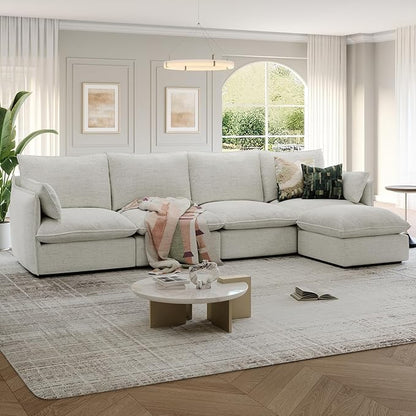 Lopzeho 124" Cloud Modular Sectional Sofa, Waterproof Down Filled Sectional Couch, High Backrest L Shaped 4 Seater Couch with Ottoman, Modern Modular Sofas with Removable Cover, Cream White