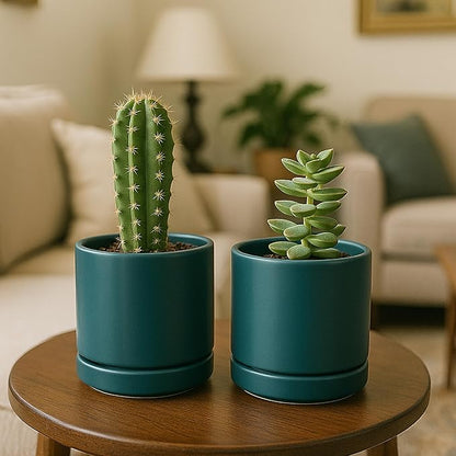 D'vine Dev Set of 2 Plants Pots, 4.7 Inch Ceramic Planter Pot for Plants with Drainage Hole and Saucer, Teal, 94-V-B-9