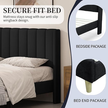 Twin Size Upholstered Platform Bed Frame with Modern Wingback & Vertical Panel Headboard, Linen Fabric, Wooden Legs & Slats Support, No Box Spring Needed, Noise-Free & Easy Assembly, Black